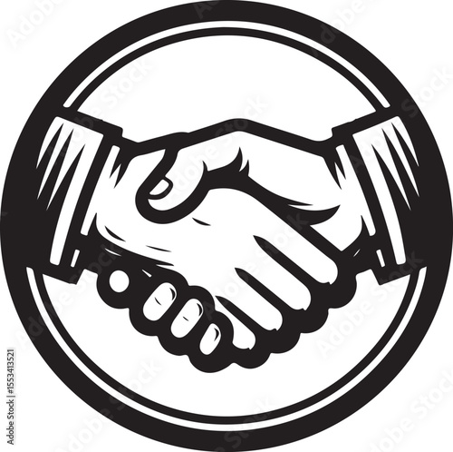 Illustration depicting a formal handshake enclosed in a circular frame, symbolizing partnership, agreement, and professional collaboration in a classic, bold, and elegant design.