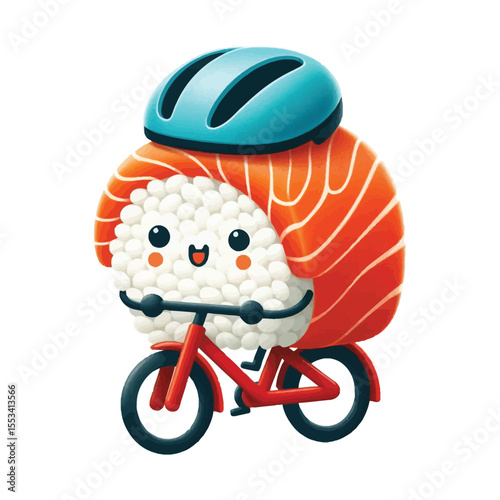  a sushi roll, with a layer of white rice underneath and the signature orange slice of raw salmon  on top.The sushi is wearing a blue helmet on its head, sitting on a red bicycle 