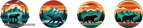 Bear Walking Through Mountain Landscape design set vector illustration