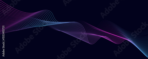 Abstract glowing wave lines on dark blue background. Dynamic wave pattern. Modern flowing wavy lines. Futuristic technology concept. Suit for banner, poster, cover, brochure, flyer, website