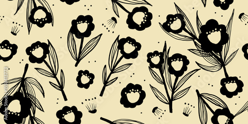 Exotic hand drawn flowers, seamless patterns with floral for fabric, textiles, clothing, wrapping paper, cover, banner, home decor, abstract backgrounds. Vector illustration.