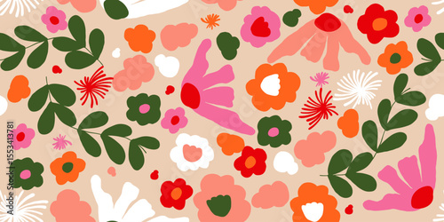 Hand drawn cute flowers, seamless patterns with floral for fabric, textiles, clothing, wall art, wallpaper, cover, banner, poster, interior decor, natural backgrounds.