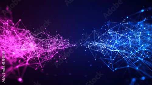 Digital transformation innovation is represented through vibrant pink and blue network connections, symbolizing technology