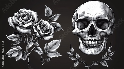 Elegant Black and White Illustration of Roses and Skull, Artistic Representation of Life and Death Symbolism, Intricate Details and Texture