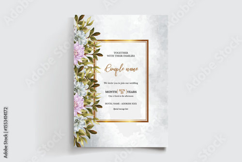 WEDDING INVITATION FRAME WITH FLOWER DECORATIONS AND FRESH LEAVES