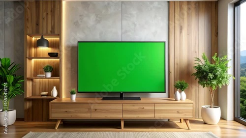 Modern living room with green screen on TV