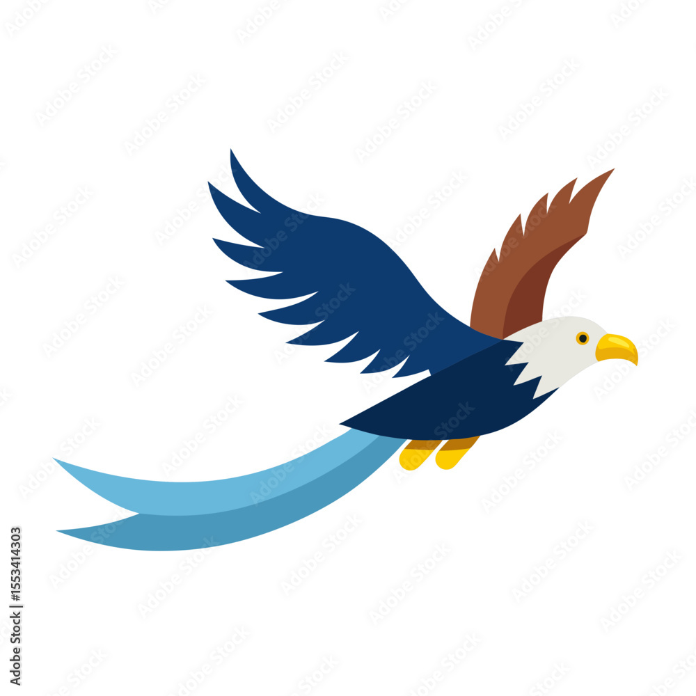 Fototapeta premium Stylized eagle in flight with blue and brown wings and tail