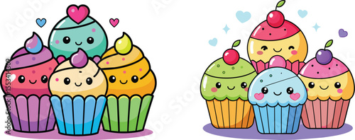 colorful cupcake cartoon character set vector illustration