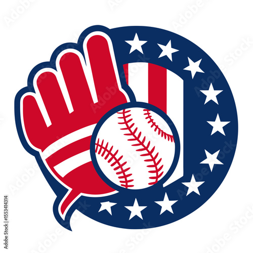 American baseball fanatic glove and ball emblem with stars and stripes
