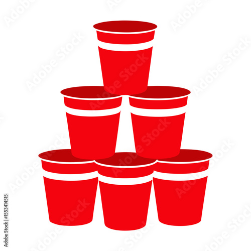 Pyramid of red plastic cups with white stripes on a white background