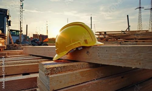 Yellow Hard Hat on Wooden Beams at Sunset Construction Site