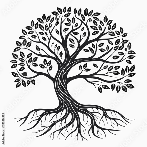 Elegant black and white silhouette of a flourishing tree with deep roots and lush leaves
