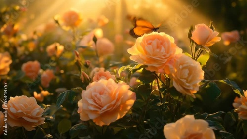 Golden butterflies fluttering above orange roses bathed in warm sunlight, seamless looping 4k time-lapse animation video background. Floral concept