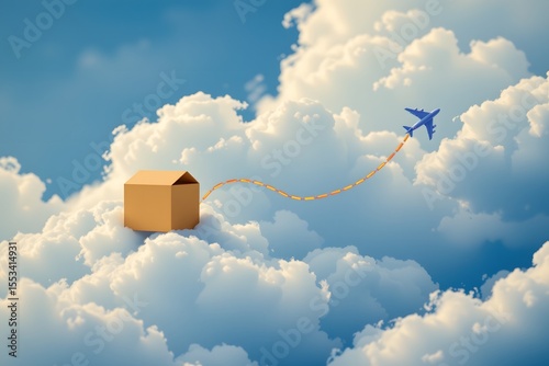 Departure Dreamscape: A charming cardboard house connects with a miniature airplane as it soars through a fluffy cloudscape, symbolizing travel aspirations and the concept of new journeys. 