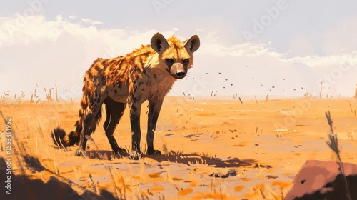 Striking Digital Illustration of a Hyena in a Sparse Landscape Featuring Warm Colors and Dramatic Lighting Effects