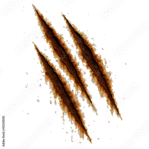 Rusty metal surface with three deep, parallel scratches, revealing weathered texture. Ideal for industrial or gritty design backgrounds.