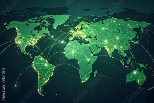 Fototapeta Naklejka Na Ścianę i Meble -  A green world map with global network connections