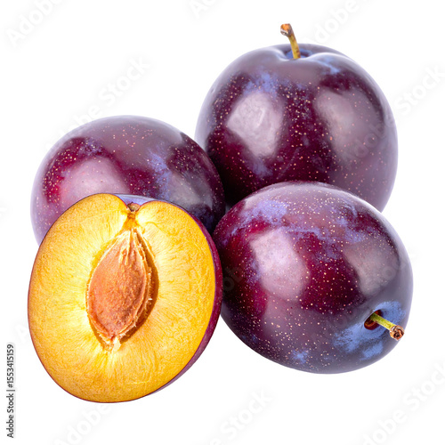 Ripe Plums: Whole and Halved on Black Background