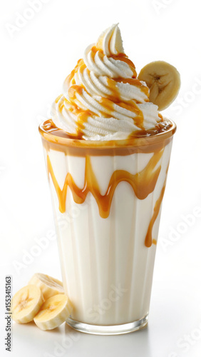Delicious banana caramel milkshake topped with whipped cream and banana slices