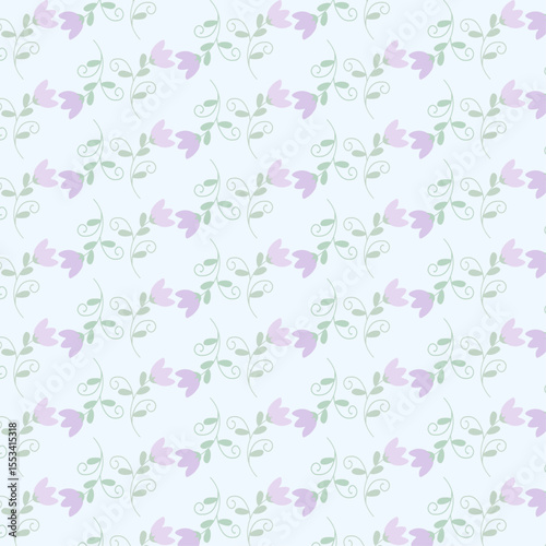 Delicate Purple Floral Seamless Pattern with Soft Green Leaves
