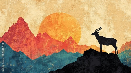 Majestic silhouette of a deer standing on a rocky cliff against a colorful sunset with mountains in the background, creating a serene and artistic landscape scene
