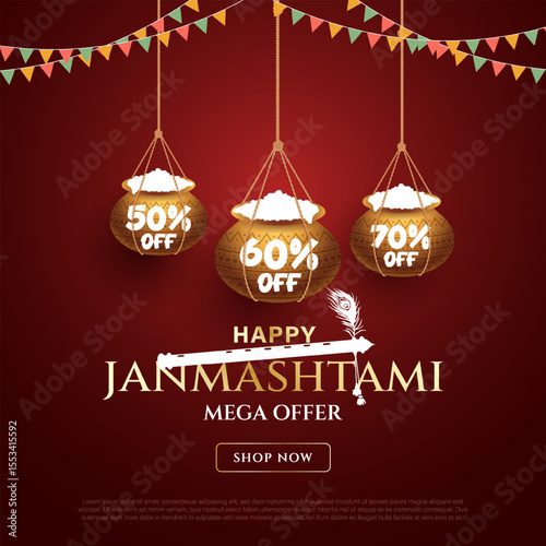 Happy janmashtmi sale banner with dahi handi. Vector illustration of Happy Krishna Janmashtami Sale social media feed template