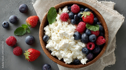 Tvorog with fresh fruit, cottage cheese, or curd cheese. Flat lay composition in top view