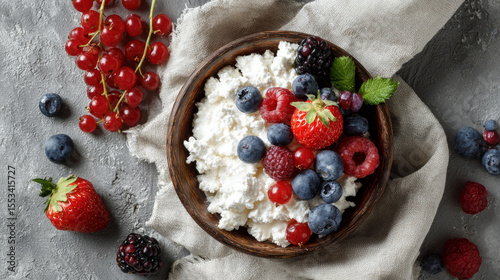 Tvorog with fresh fruit, cottage cheese, or curd cheese. Flat lay composition in top view