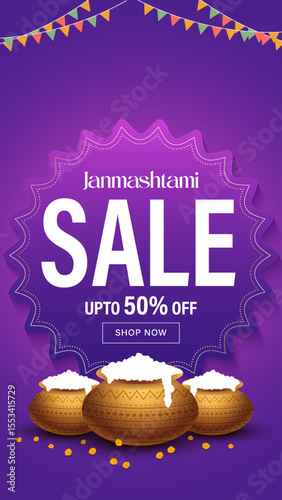 Happy janmashtmi sale banner with dahi handi. Vector illustration of Happy Krishna Janmashtami Sale social media feed template