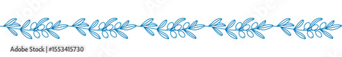 Mediterranean Olive branch border line pattern vector illustration. Repeating blue outline design of olive leaves and berries