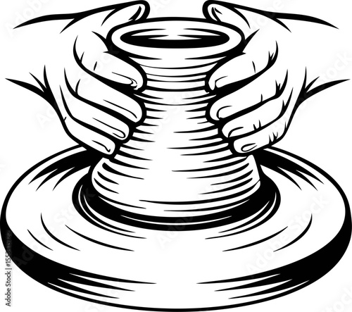 Potter shaping clay vase on wheel hand drawn black and white illustration of ceramic artistry