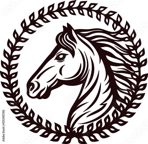 Elegant horse head with flowing mane surrounded by laurel wreath vintage equestrian logo  illustration