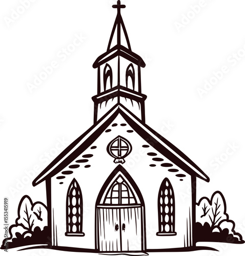 Hand drawn vintage church illustration with steeple, gothic windows, and trees in black and white rural