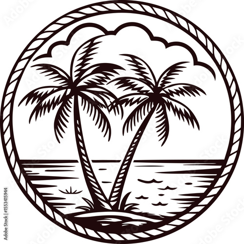Vintage hand drawn tropical palm trees on island shore engraved circular seaside landscape illustration