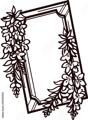Vintage botanical floral frame decorated with intricate lilies and leaves illustration in hand drawn engraved