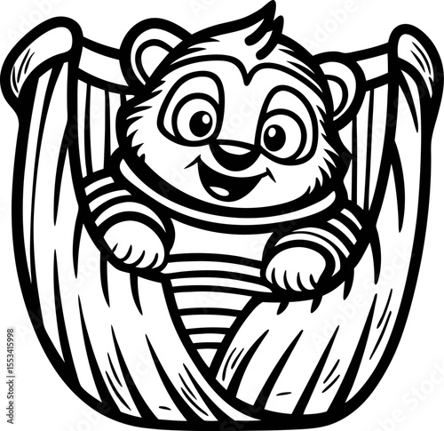 Cute baby bear character smiling in hammock black and white outlined illustration for coloring book pages