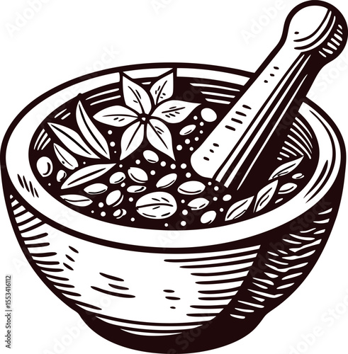 Hand drawn herbal mortar with pestle, spices, and leaves vintage engraved botanical illustration