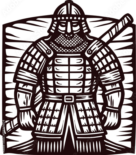 Medieval samurai warrior in traditional armor with sword standing tall black and white woodcut illustration