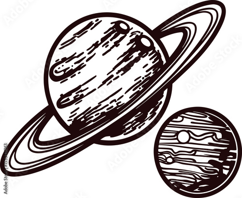 Hand drawn planet with rings and small moon in vintage engraved illustration