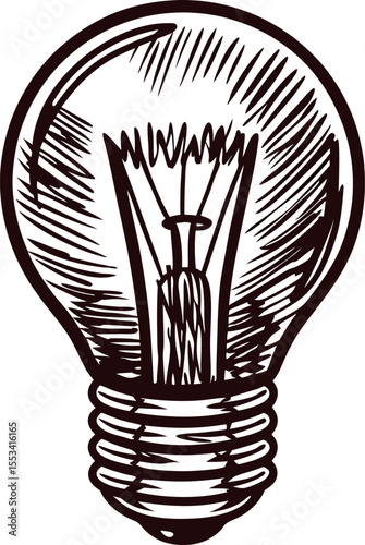 Hand drawn vintage incandescent light bulb illustration with visible filament and detailed line art sketch