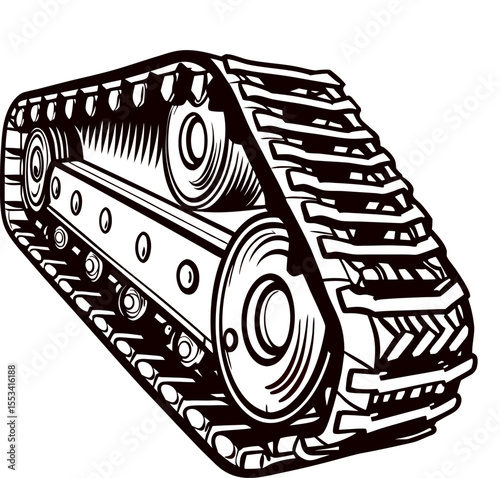 Detailed black and white illustration of mechanical tank tracks with sprockets and treads in vintage engraving