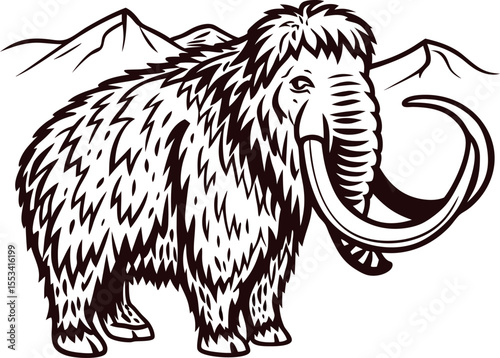 Hand drawn woolly mammoth illustration with large tusks in mountainous landscape