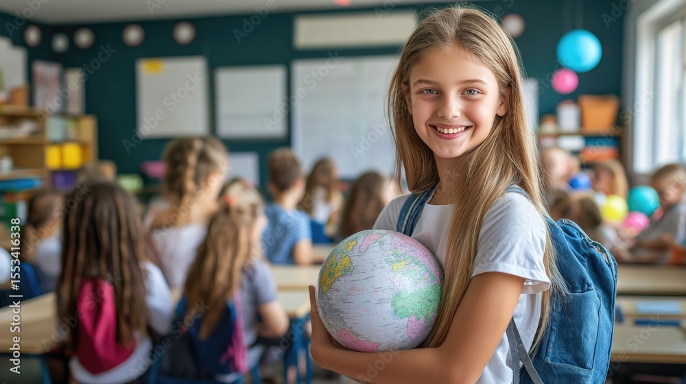 A young Caucasian girl with long brown hair smiles while holding a globe in a classroom filled with diverse students. She wears a backpack and stands in front of a chalkboard. A young Caucasian girl with long brown hair smiles while holding a globe in a classroom filled with diverse students. She wears a backpack and stands in front of a chalkboard.