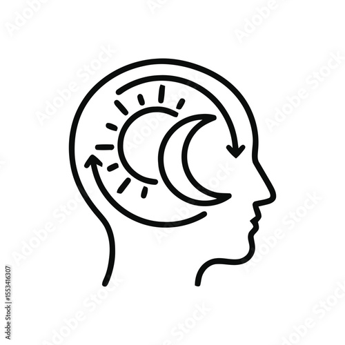 Day and Night Mind Icon – Vector Line Art Representing Mental Balance, Circadian Rhythm, and Duality of Thought

