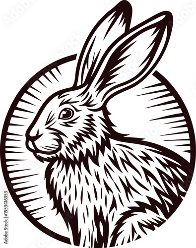 Hand drawn wild hare illustration in vintage engraved with circular background and bold linework