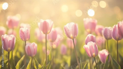 Blooming pink tulips glowing under golden morning sunlight in spring field, seamless looping 4k time-lapse animation video background. Floral concept