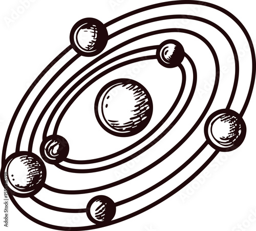 hand drawn atomic model with orbiting electrons and central nucleus in vintage sketch