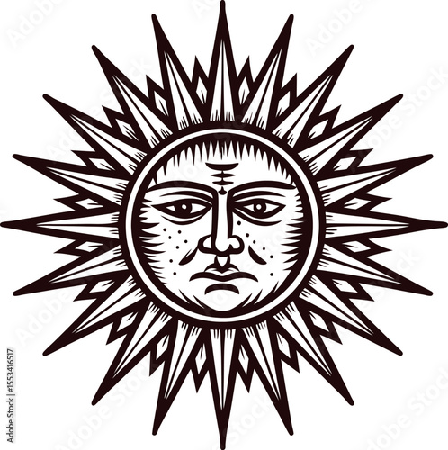 Hand drawn vintage sun face with rays engraved celestial illustration with detailed anthropomorphic features