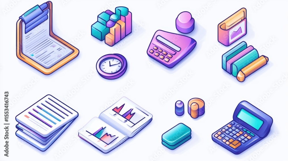 Fototapeta premium Colorful Isolated Business Icons Representing Finance, Analytics, Charts, Reports, Calculators, and Time Management for Stock Image Usage
