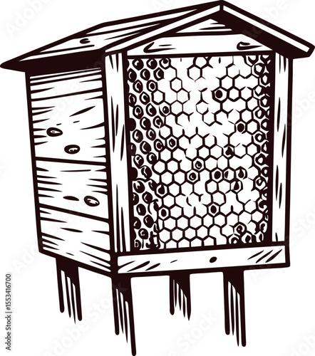 Hand drawn wooden beehive with exposed honeycomb vintage detailed apiary box sketch on white background